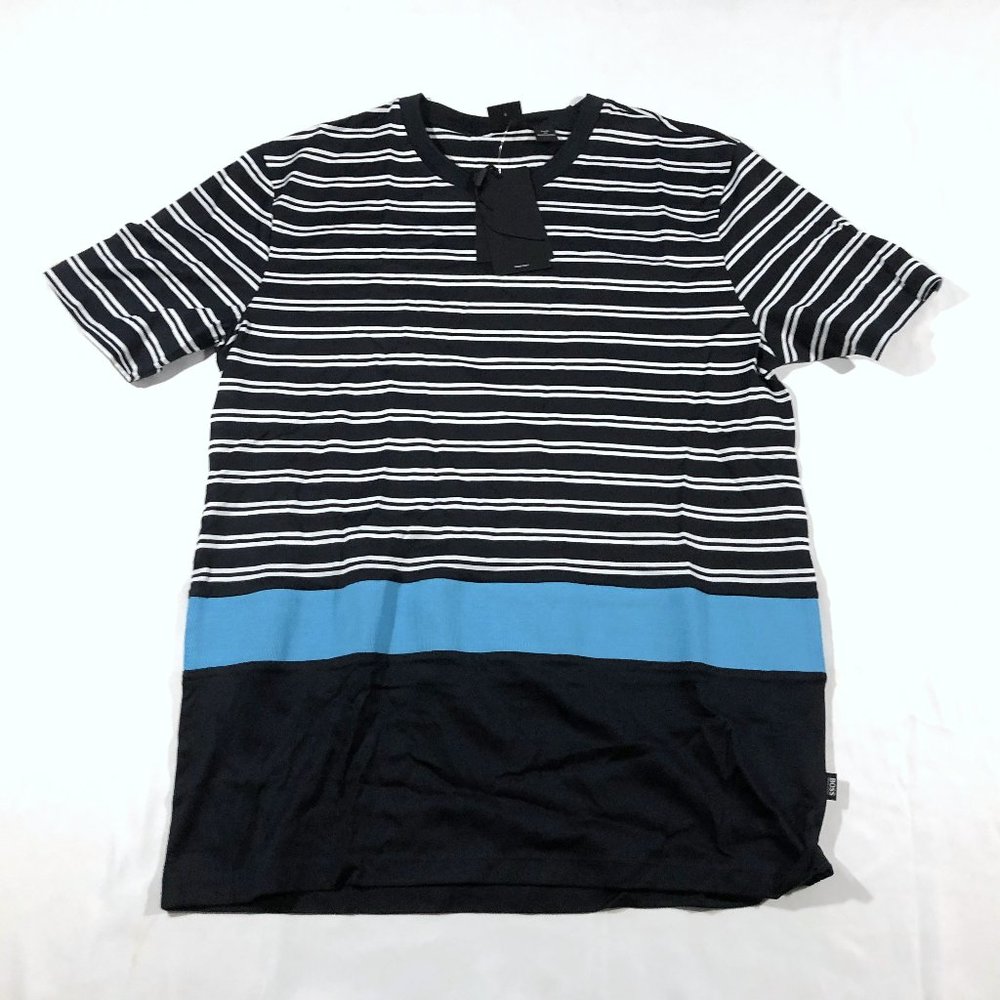 Hugo Boss Tiburt Patterned Striped Black Blue Crewneck Neck T-Shirt Tee Sz S NWT